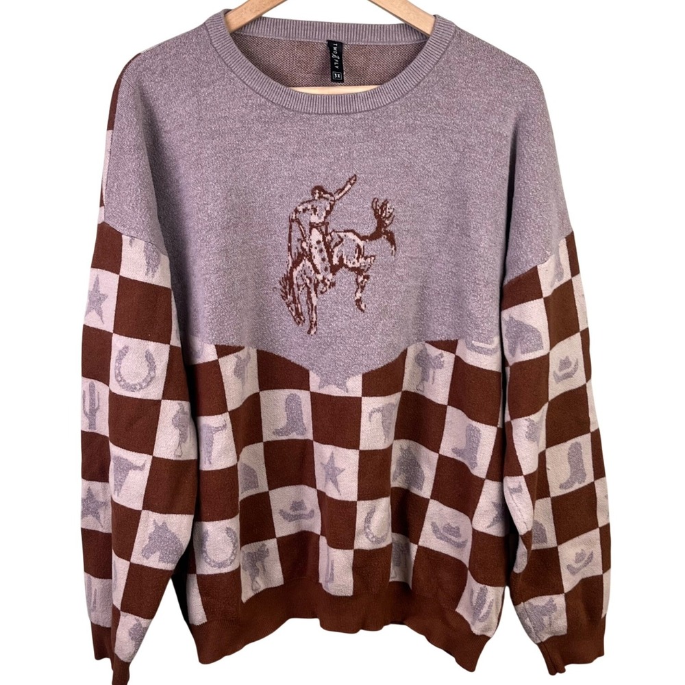 Two 2 Fly Bronc Checkerboard Gray Brown Bucking Bronco Cowgirl Sweatshirt 3X